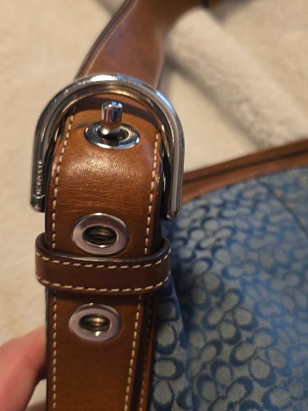 Coach Blue Vintage Signature Canvas Shoulder Bag with Brown Leather Trim - Picture 6 of 7